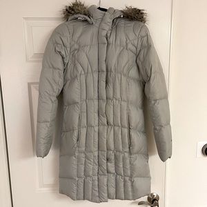 Gray long puffer coat with fur hood